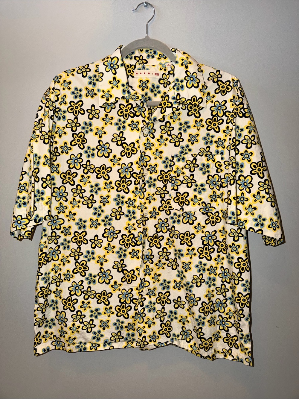 Marni  X Uniqlo 100% cotton Yellow and Black Floral ShortSleeve ButtonDown Shirt